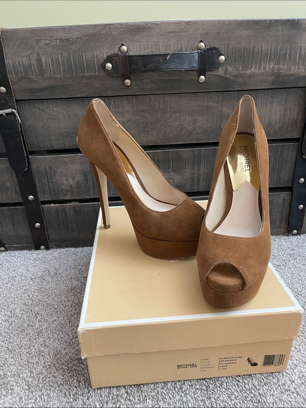 Michael Kors Milan Suede Peep-Toe Platform Heels in Caramel